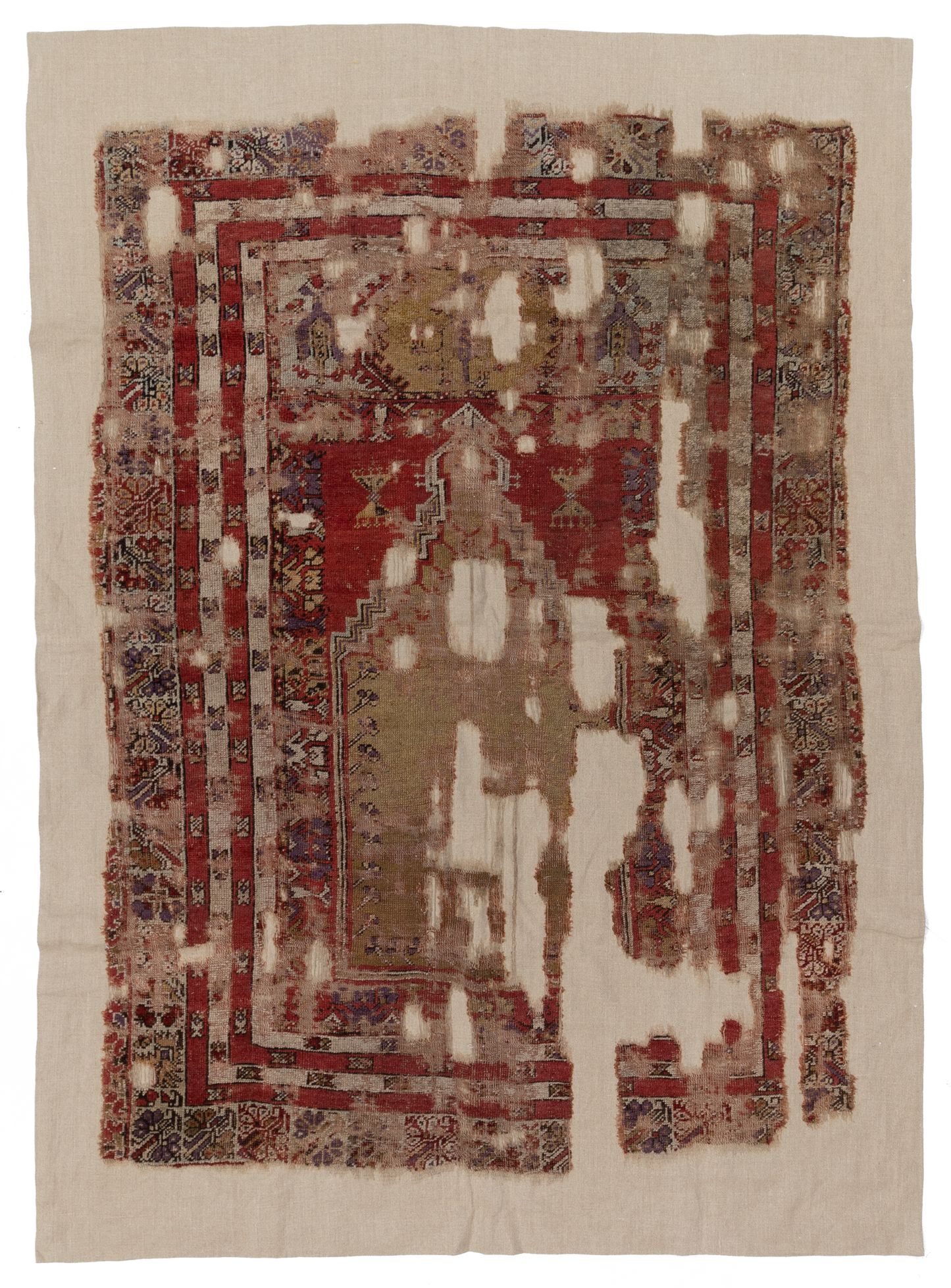 Antique Anatolian Rug Fragment on Linen