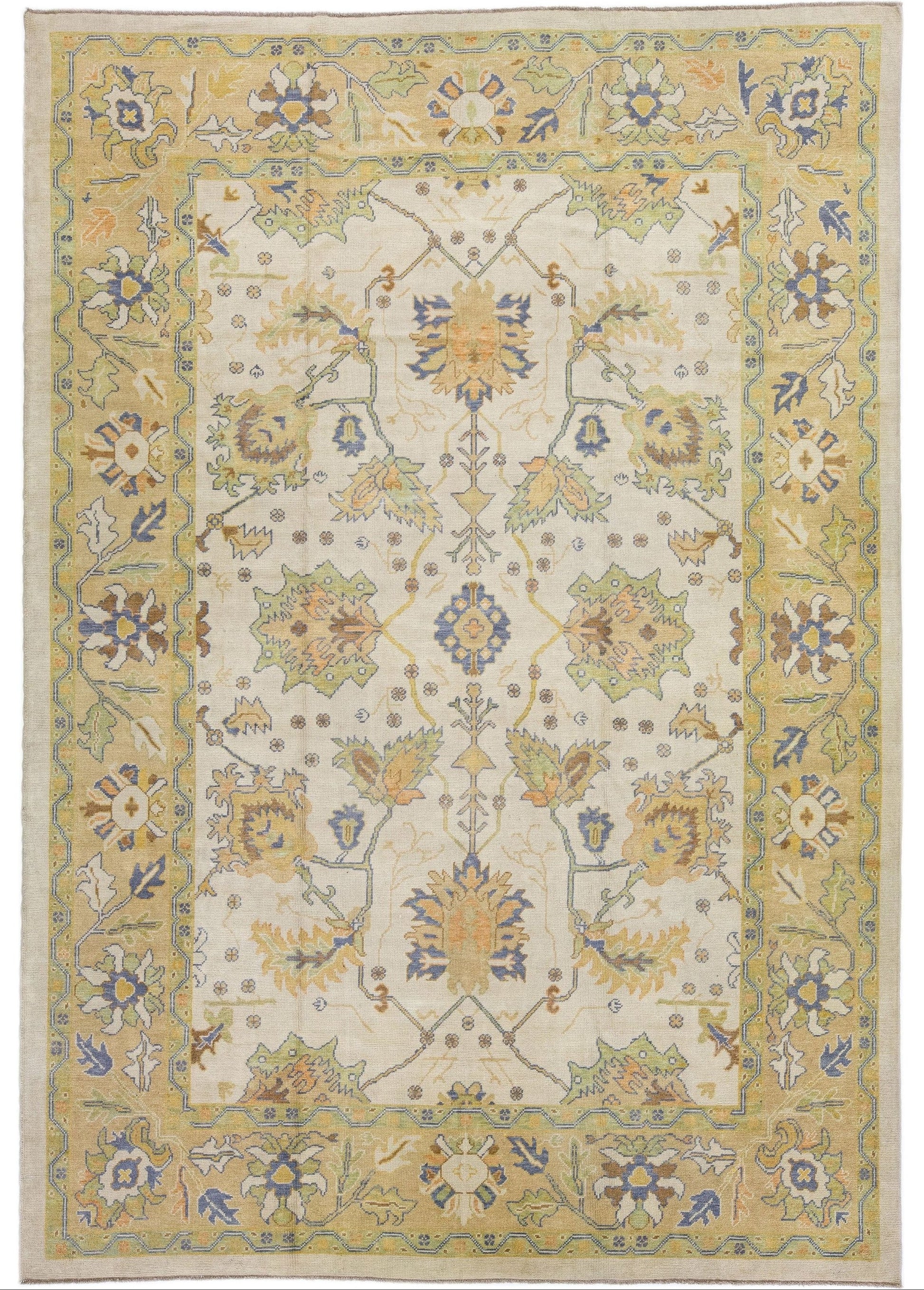 Modern Turkish Oushak Beige Handmade Floral Wool Rug