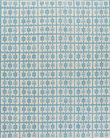 Modern Swedish Style Handmade Geometric Pattern Oversize Blue and Ivory Wool Rug