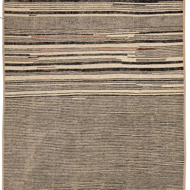 Modern Moroccan Bohemian Style Black And Beige Handmade Striped Motif Wool Rug