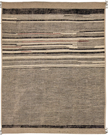Modern Moroccan Bohemian Style Black And Beige Handmade Striped Motif Wool Rug
