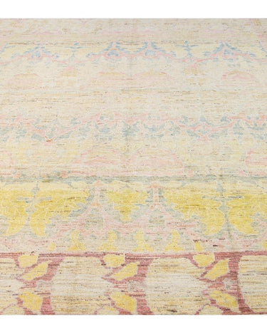 Modern Oushak Handmade Beige Floral Designed Wool Rug.