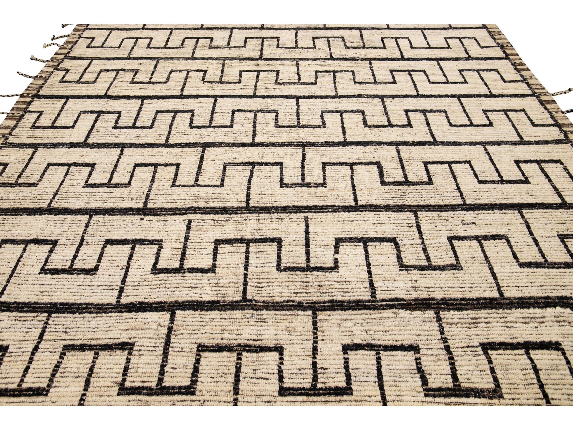 Beige Modern Moroccan Style Handmade Black Boho Pattern Wool Rug