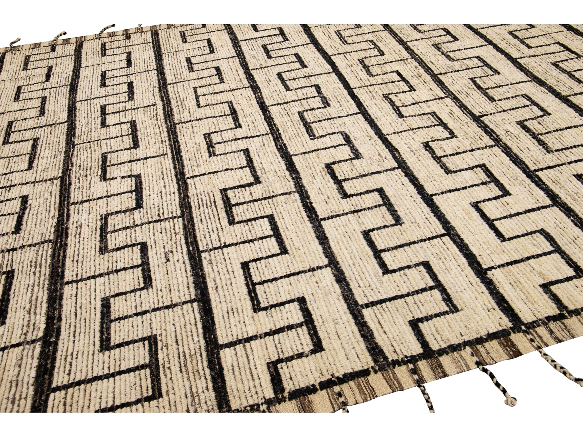 Beige Modern Moroccan Style Handmade Black Boho Pattern Wool Rug