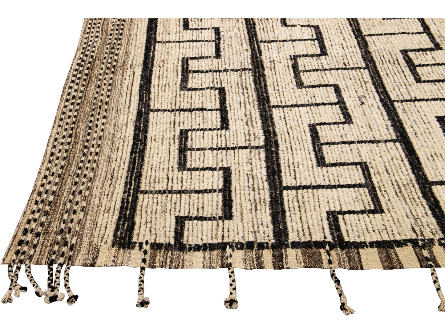 Beige Modern Moroccan Style Handmade Black Boho Pattern Wool Rug