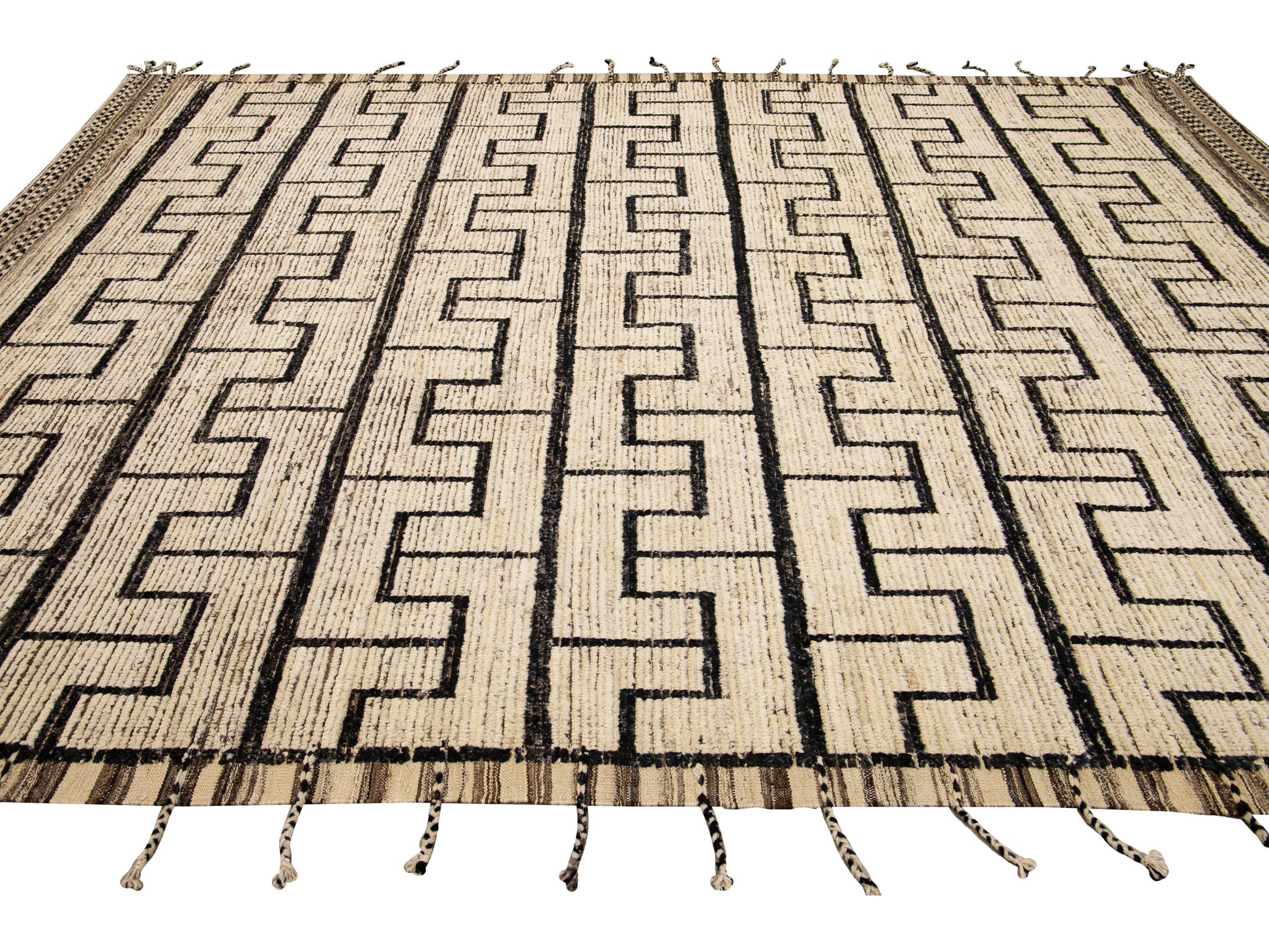 Beige Modern Moroccan Style Handmade Black Boho Pattern Wool Rug