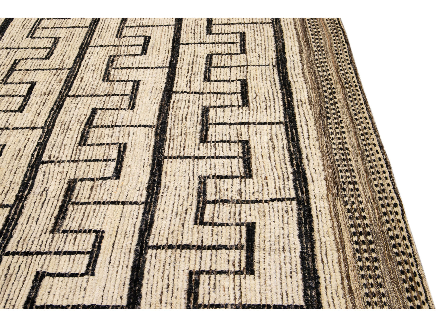 Beige Modern Moroccan Style Handmade Black Boho Pattern Wool Rug