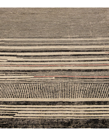 Modern Moroccan Bohemian Style Black And Beige Handmade Striped Motif Wool Rug