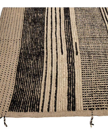 Modern Moroccan Bohemian Style Black And Beige Handmade Striped Motif Wool Rug