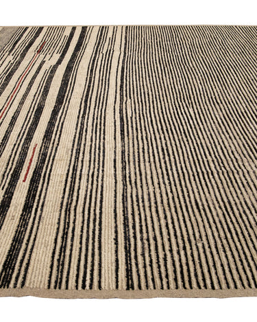 Modern Moroccan Bohemian Style Black And Beige Handmade Striped Motif Wool Rug