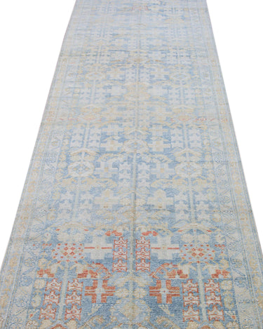 Vintage Malayer Handmade Medallion Floral Distressed Blue Wool Runner