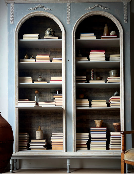 Bookcase blue/grey and white patina cabinet on six legs