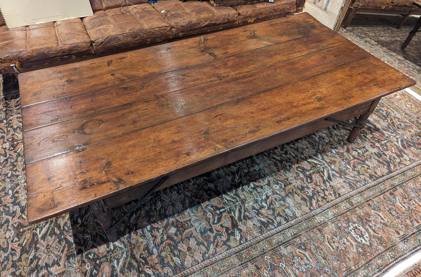 Farm house coffee table with 8 iron "stretchers".