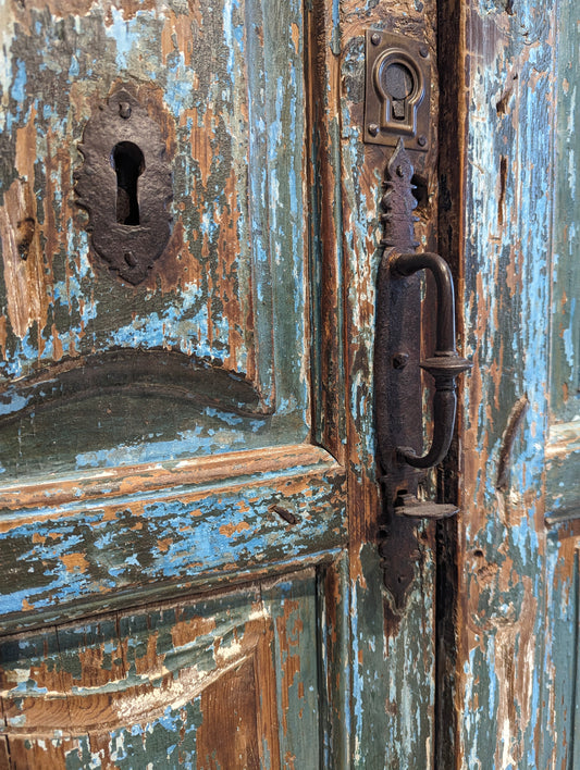Double doors  blue and green patina