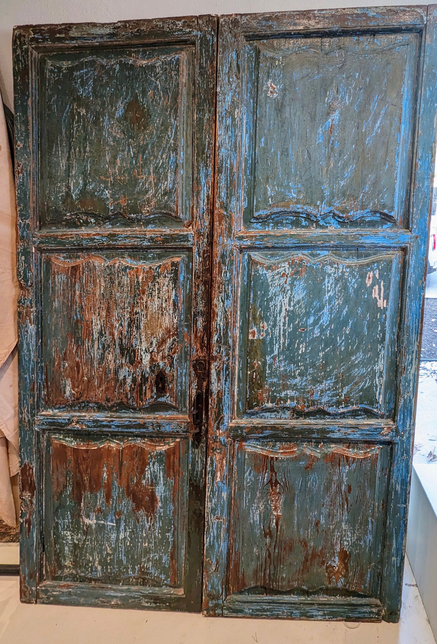 Double doors  blue and green patina