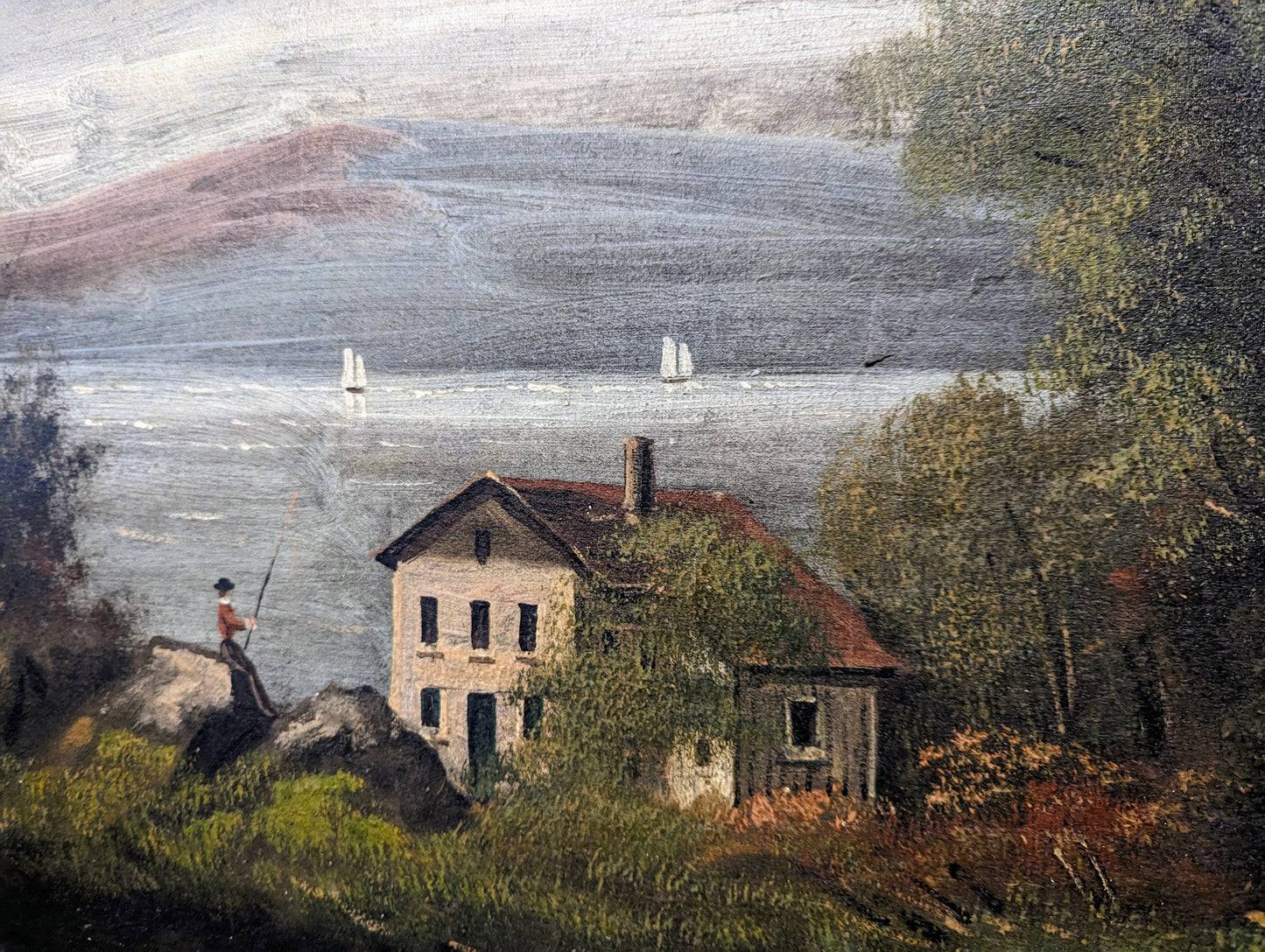 Antique landscape painting farmhouse, figure fishing