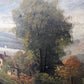 Antique landscape painting farmhouse, figure fishing