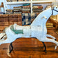 horse on steel stand, glass eyes, Swad ears, felt around seating. Real Heir tail.