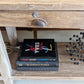 Console 6 legs oak, Gray wash, three drawer and bottom shelf square legs