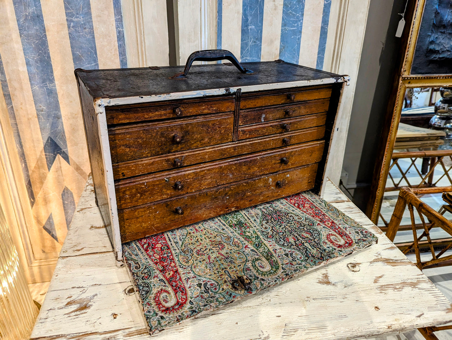 Carpenters tool box. With vintage fabric on front