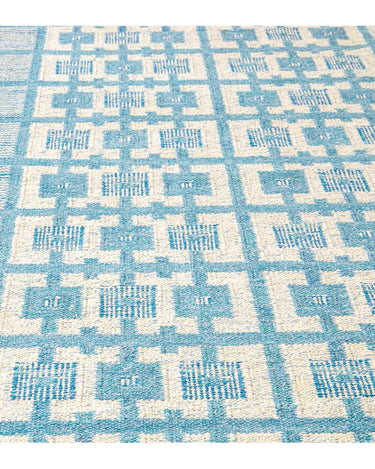 Modern Swedish Style Handmade Geometric Pattern Oversize Blue and Ivory Wool Rug