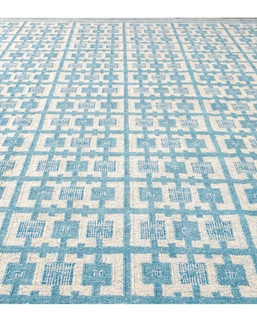 Modern Swedish Style Handmade Geometric Pattern Oversize Blue and Ivory Wool Rug