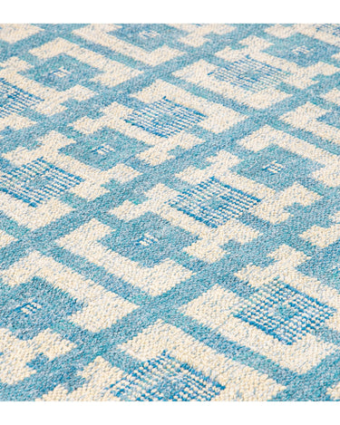 Modern Swedish Style Handmade Geometric Pattern Oversize Blue and Ivory Wool Rug
