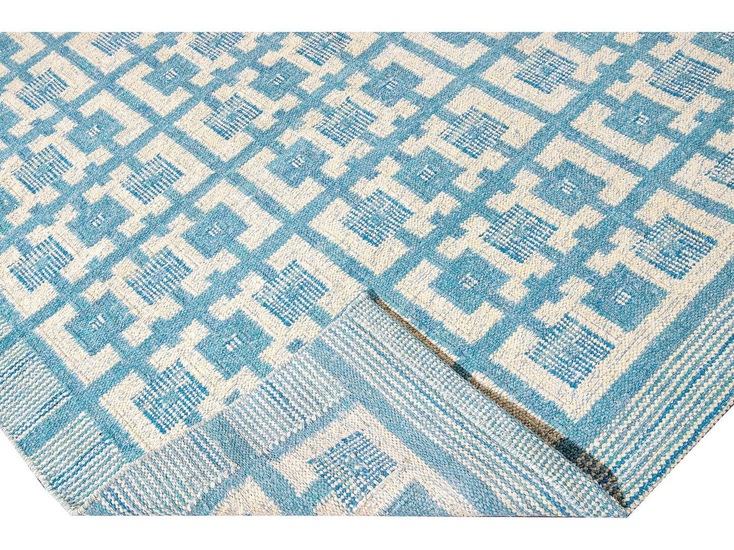 Modern Swedish Style Handmade Geometric Pattern Oversize Blue and Ivory Wool Rug