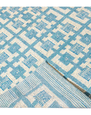 Modern Swedish Style Handmade Geometric Pattern Oversize Blue and Ivory Wool Rug