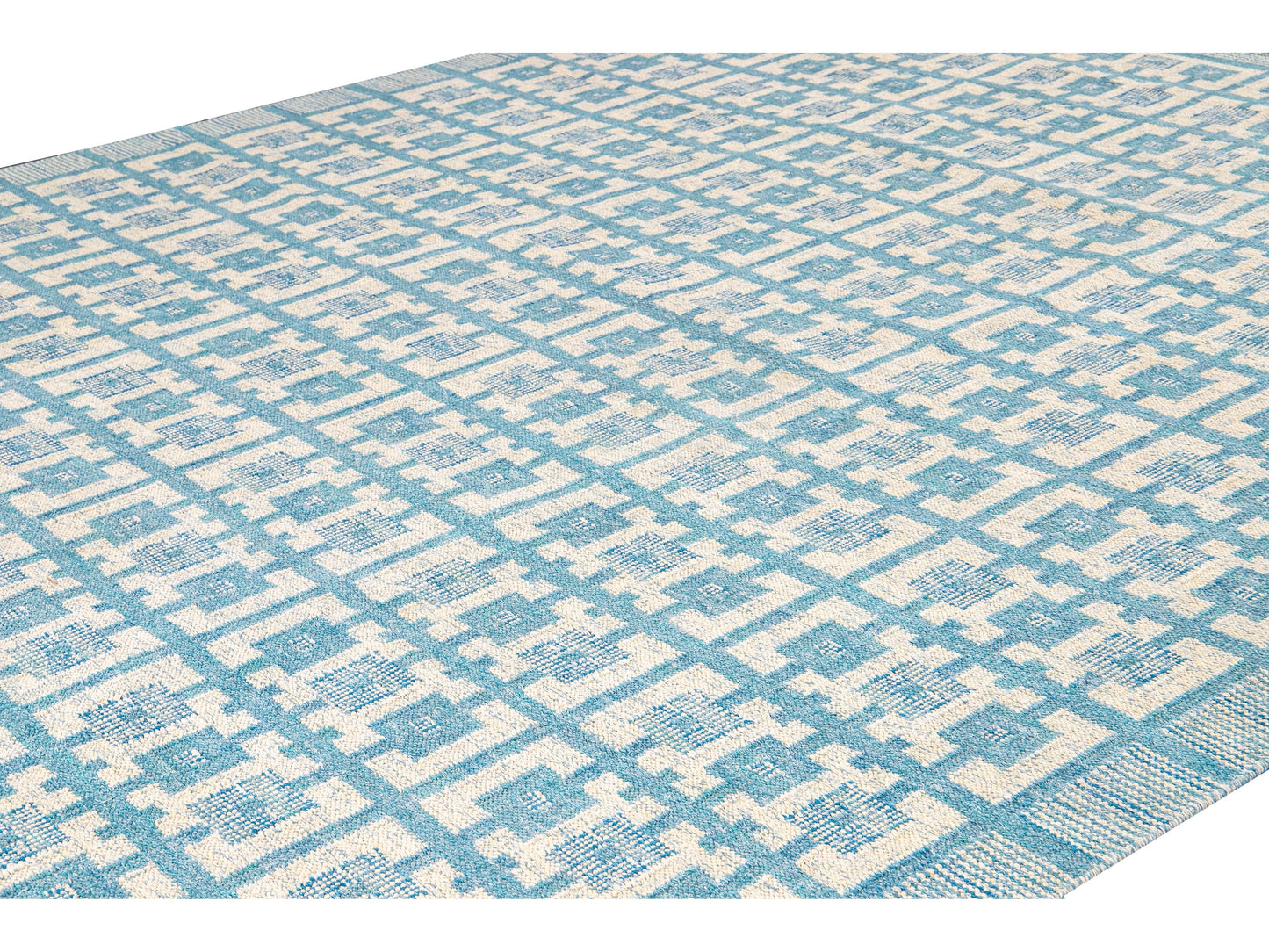 Modern Swedish Style Handmade Geometric Pattern Oversize Blue and Ivory Wool Rug