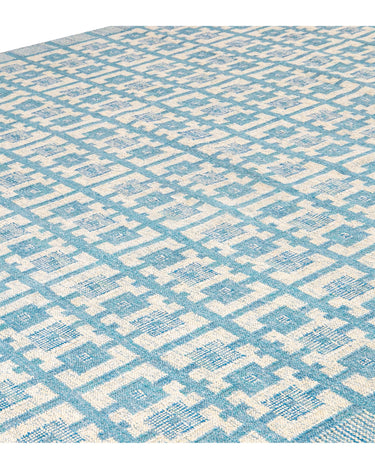 Modern Swedish Style Handmade Geometric Pattern Oversize Blue and Ivory Wool Rug