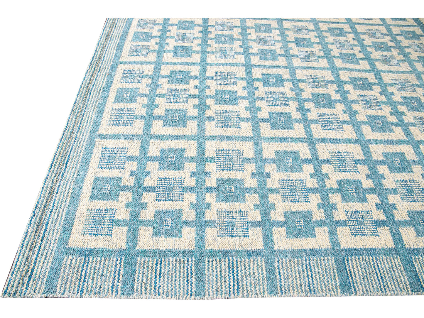 Modern Swedish Style Handmade Geometric Pattern Oversize Blue and Ivory Wool Rug