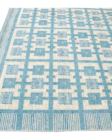 Modern Swedish Style Handmade Geometric Pattern Oversize Blue and Ivory Wool Rug
