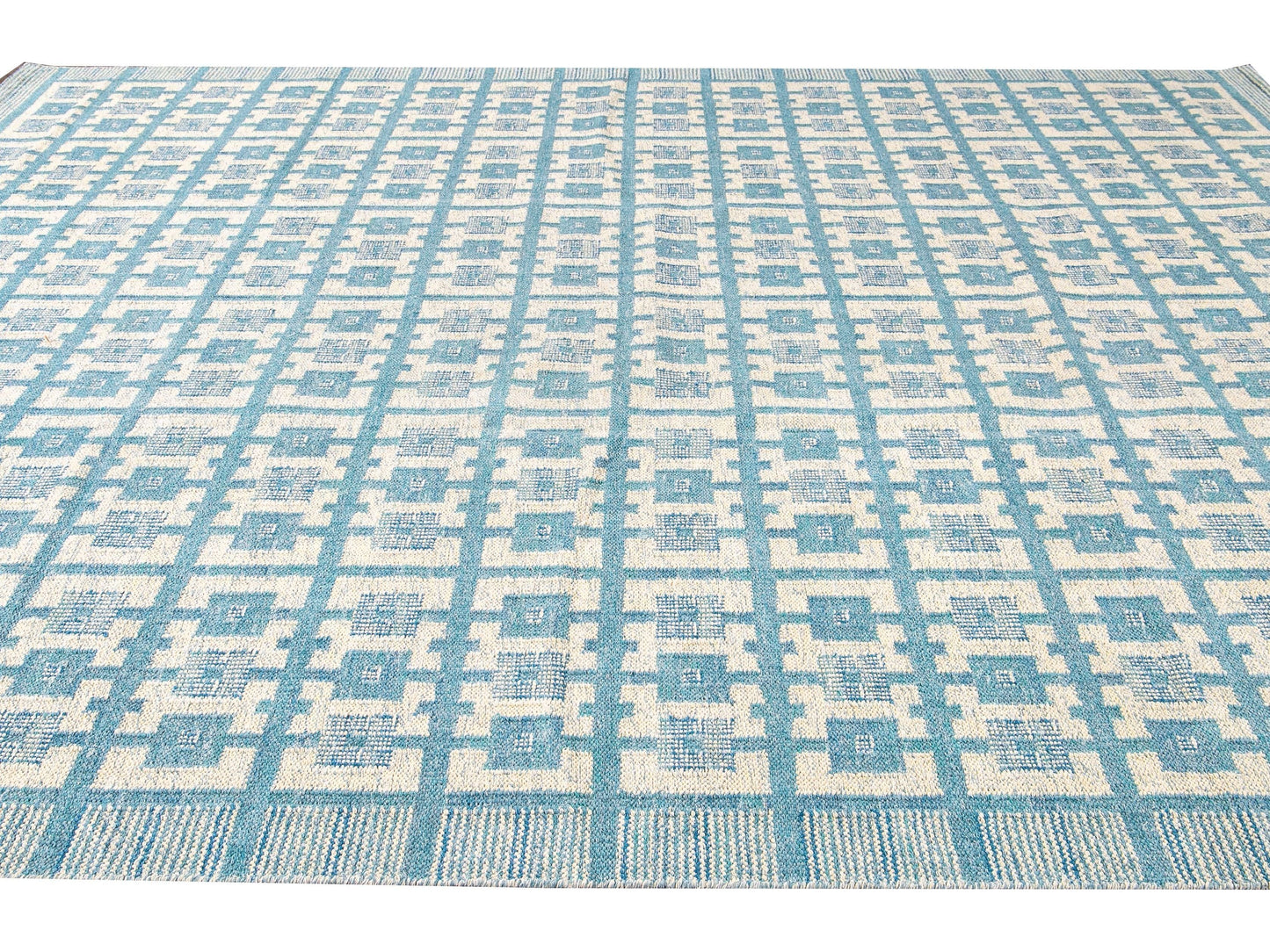 Modern Swedish Style Handmade Geometric Pattern Oversize Blue and Ivory Wool Rug