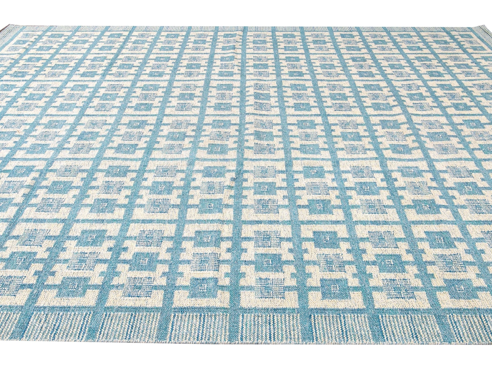 Modern Swedish Style Handmade Geometric Pattern Oversize Blue and Ivory Wool Rug