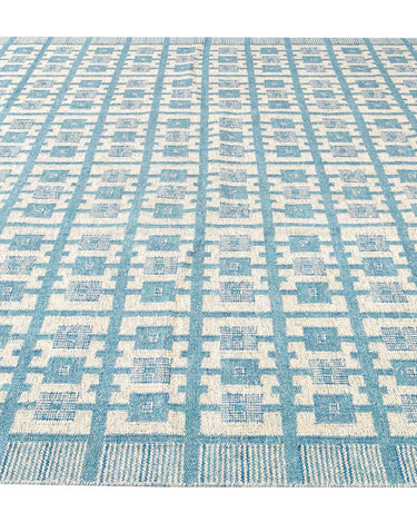 Modern Swedish Style Handmade Geometric Pattern Oversize Blue and Ivory Wool Rug