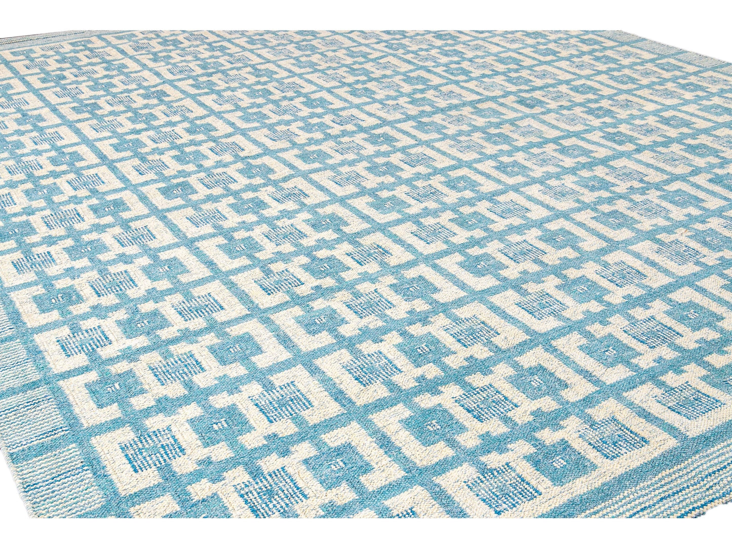 Modern Swedish Style Handmade Geometric Pattern Oversize Blue and Ivory Wool Rug