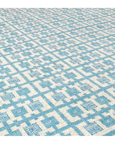 Modern Swedish Style Handmade Geometric Pattern Oversize Blue and Ivory Wool Rug