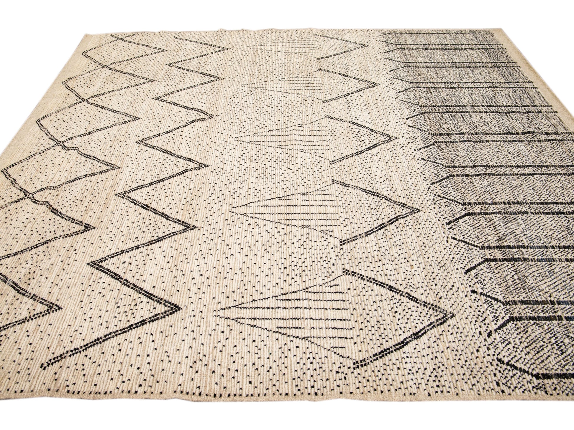 Modern Moroccan Style Handmade Geometric Pattern Beige and Gray Boho Wool Rug